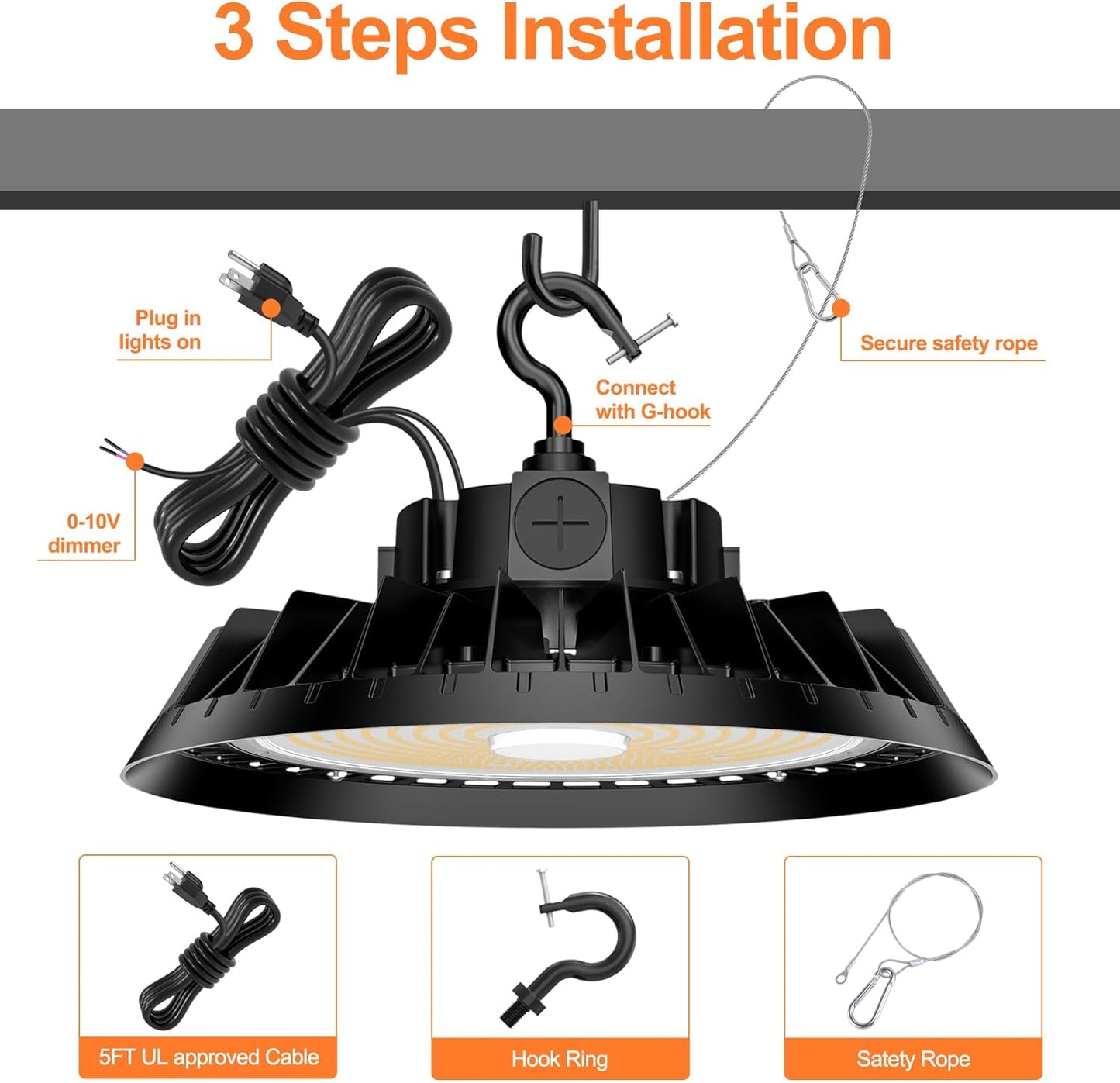 12Pack LED High Bay Lights, 150W UFO High Bay LED Shop Lights, 22500LM Adjustable CCT(5700K 5000K 4500K) & Power(150W 120W 80W), 0-10V Dimmable, 5' Cable Plug, IP65 Waterproof, ETL & DLC Listed