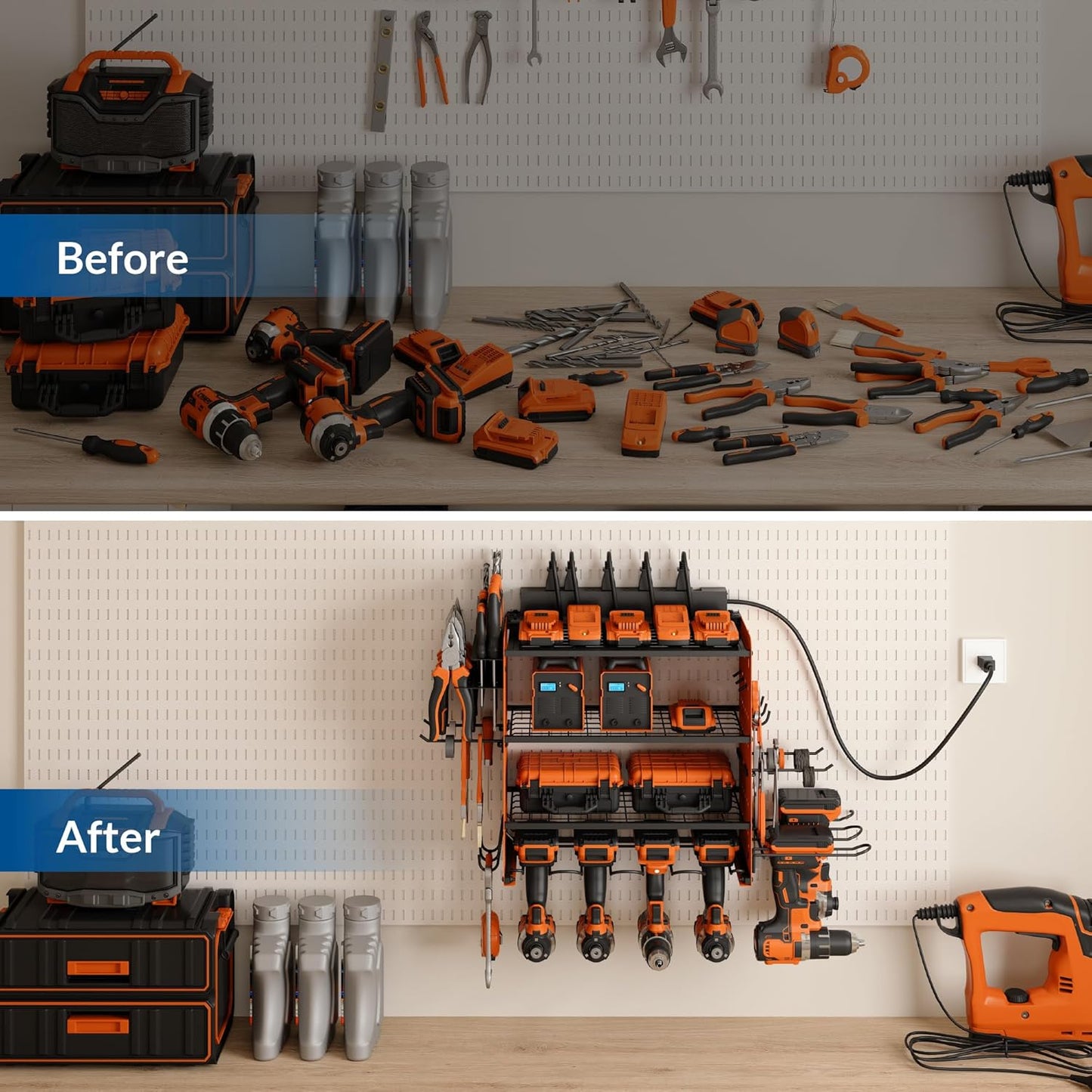 Power Tool Organizer with Charging Station, 4 Layers Garage Storage Rack with 6 Drill Holders, Father's Days Gift For Dad, Wall Mount Garage Organizer Built in 8 Outlets Power Strip, Orange