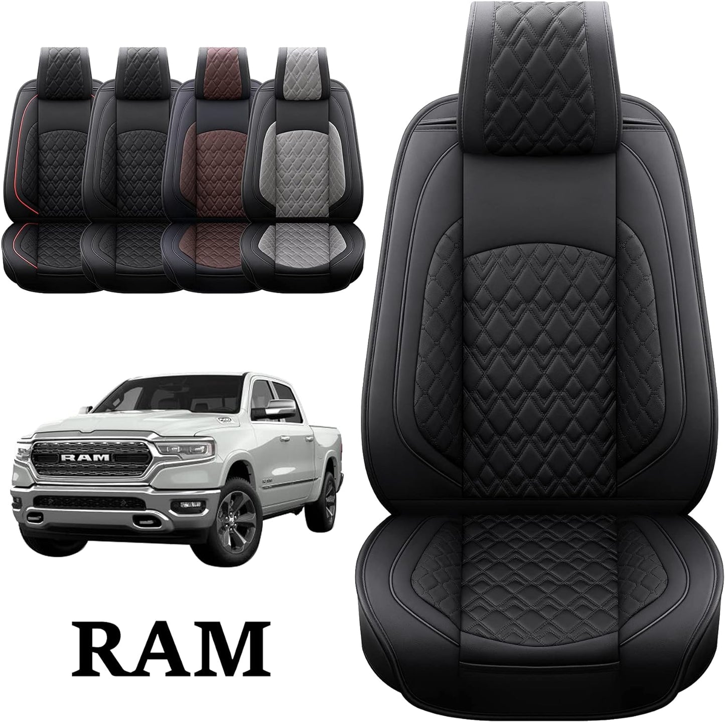 JOJOBAY Car Seat Covers for Dodge Ram Full Set,Fit Ram 2009-2023 1500/2500/3500 Pick-up Truck,Crew,Regular,Quad,Mega Cab,Waterproof Leather Seat Covers Protectors(5 PCS Full Set,Black)