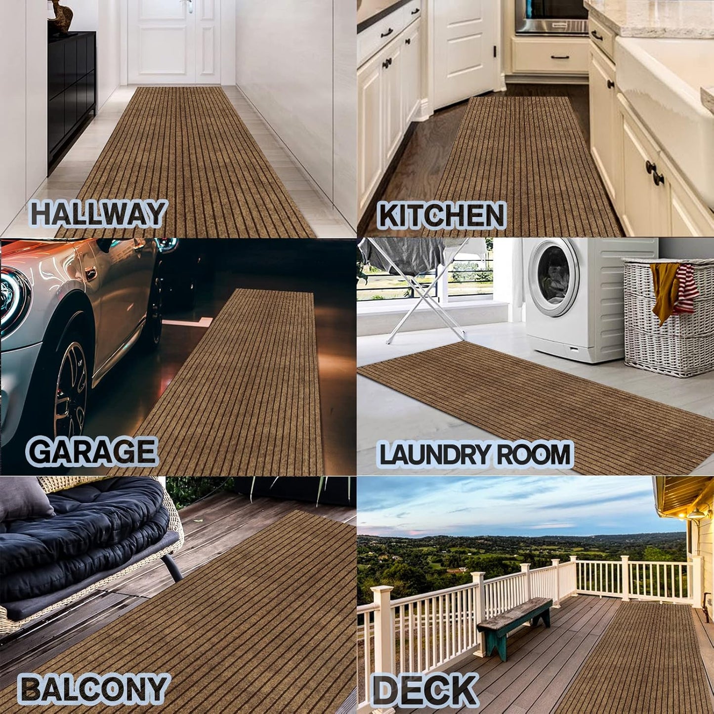 Custom Size Backed Non-Slip Area Rugs Runner, Easy Clean, Waterproof Runner Rugs for Hallway Entryway, Kitchen, Laundry, 2FT x 71FT, Brown Stripe