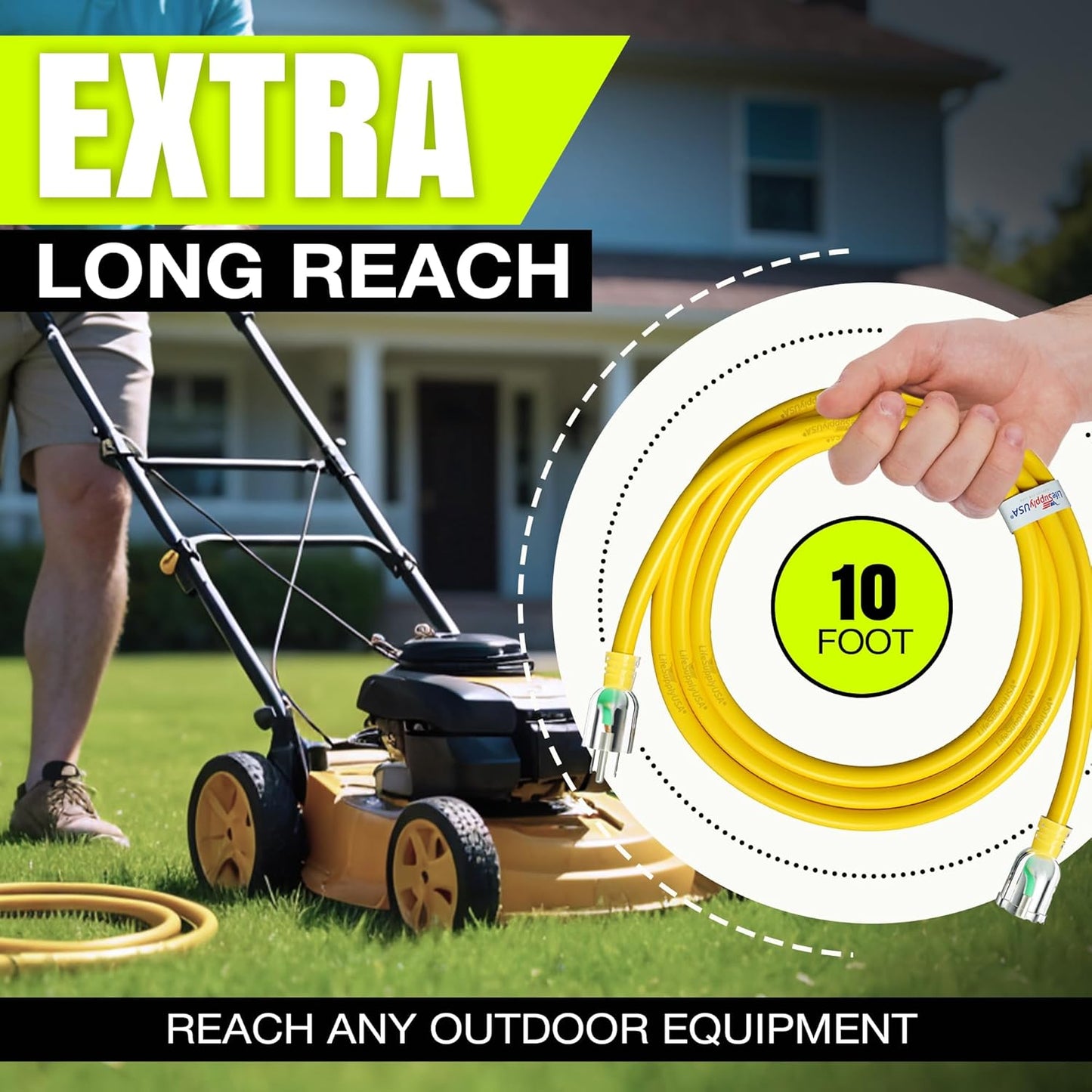 10ft Outdoor/Indoor Extension Cord 16/3 Gauge Heavy Duty 3 Prong SJTW, Waterproof, Flexible Cold-Resistant Long Power Cord,13A 125V 1625W, Yellow by LifeSupplyUSA