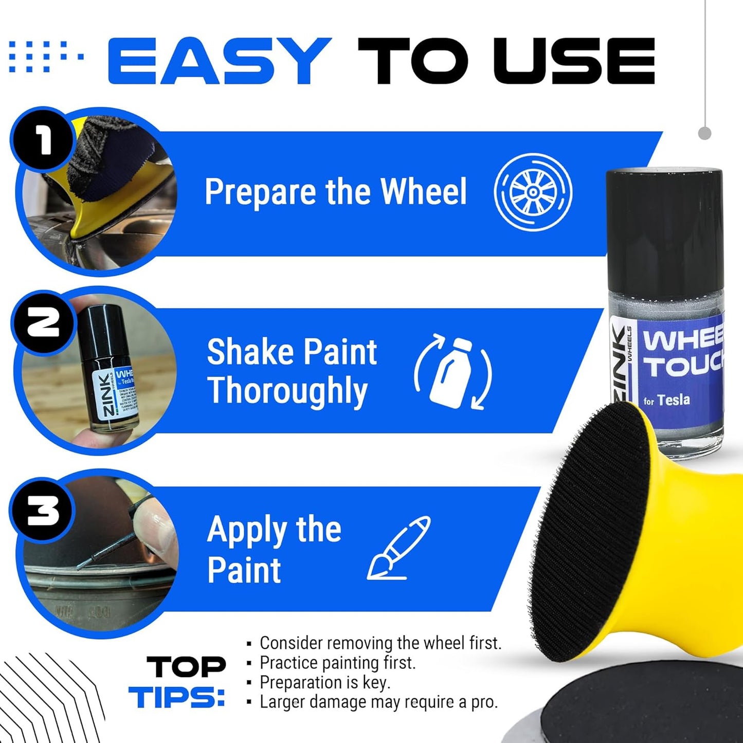 Premium Tesla Wheel Curb Rash Repair Kit for Model Y 20-inch Silver Helix 2.0 Rims - DIY Kit with Color-matched Touch Up Paint - Made in USA