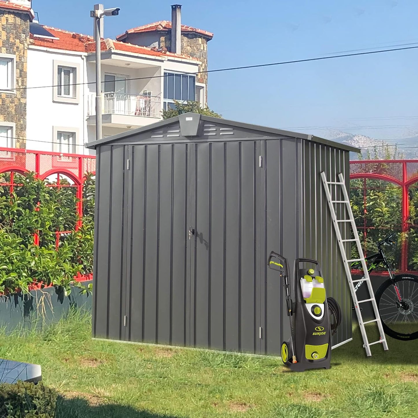 Domi 10β x 8β Outdoor Storage Shed, Metal Sheds Tool Storage Gable Roof with Lockable Door & Air Vents, Outdoor Galvanized Steel Sheds for Backyard,Garden,Patio,Lawn