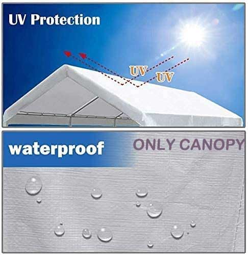 12'x20' Upgraded Carport Replacement Top Canopy Cover for Car Garage Shelter Tent Party Tent with Ball Bungees White (Only Top Cover, Frame is not Included)