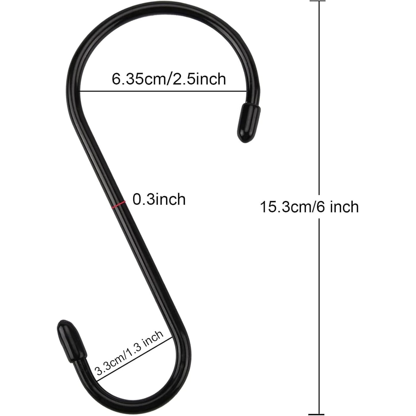 Nisoger 6 Pack 6 Inch S Hook, Large Vinyl Coated S Hooks with Rubber Stopper Non Slip Heavy Duty S Hook, Steel Metal Black Rubber Coated Closet S Hooks