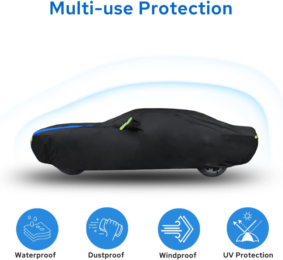 Avecrew Car Cover Waterproof All Weather for Dodge Challenger Automobiles, Outdoor Full Exterior Covers Fit 2008-2025 for Dodge Challenger with Windproof Strap