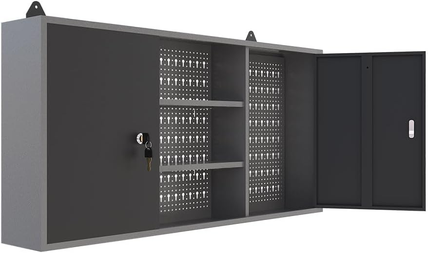 JZD Industrial Steel Garage Storage Cabinet System, Included Pegboard Wall Cabinet Wood Table Top, for Auto Repair Shops, Utility Room