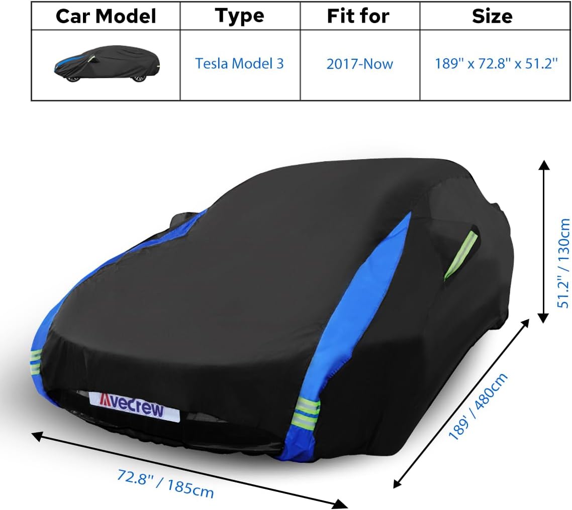 Avecrew Car Cover for Tesla Model 3 2017-2025, Custom Fit Full Exterior Cover with Charging Port and Breathable Ventilation Mesh, Waterproof All Weather Outdoor Rain Snow Sun Protection Cover