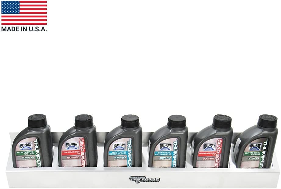 Pit Posse 304 Six Quart Oil Can Rack Holder 32" Caddy Wall Hanger Aluminum Shelf - Made in USA - Holds 6 Quarts of Motor Engine Oil - Enclosed Race Trailer Shop Garage Storage Organizer (Silver)