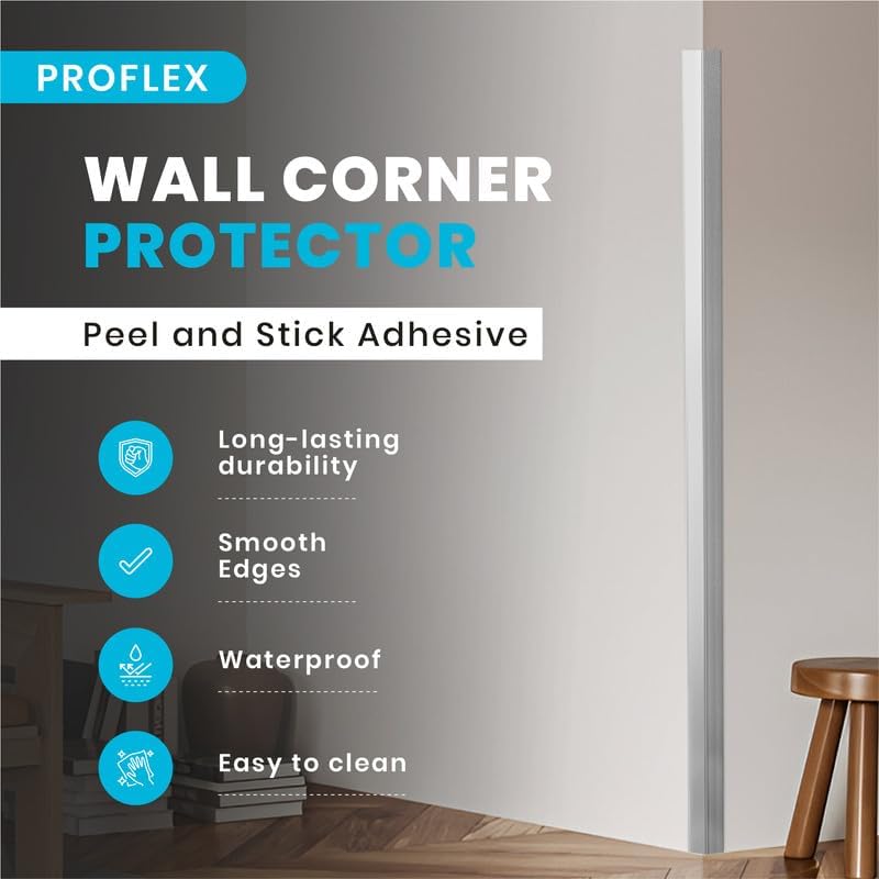 Proflex Wall Corner Protector - Pack of 6 Self Adhesive Corner Guards for Walls Edge Protection - 1-1/2 inch x 36 inch, Brushed Aluminum – Easy to Apply – No Tools Needed