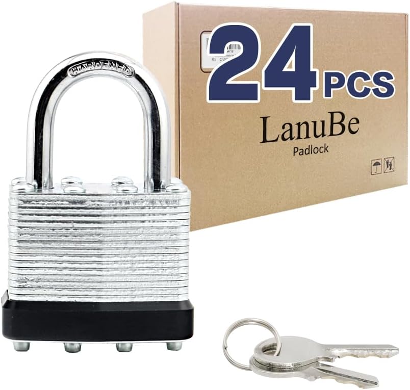 LanuBe Lock Laminated keyed Padlock (1-9/16", 40mm), keyed Alike Locks, Normal Shackle,Marked Black Plastic Hoop, Pack of 24