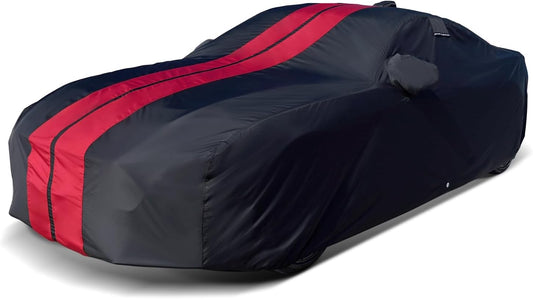 iCarCover Custom Car Cover for Pontiac Lemans Sedan (1988-1993) Waterproof All-Weather Rain Snow UV Sun Protector Full Exterior Indoor Outdoor Car Cover (Stripe - Black/Red)