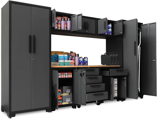 Torin Garage Cabinets Storage System, 9 Piece Included Steel Drawers Rolling Chest,Locked Storage Cabinet, Perfect for Organizing Garage and Tools, Black/Grey