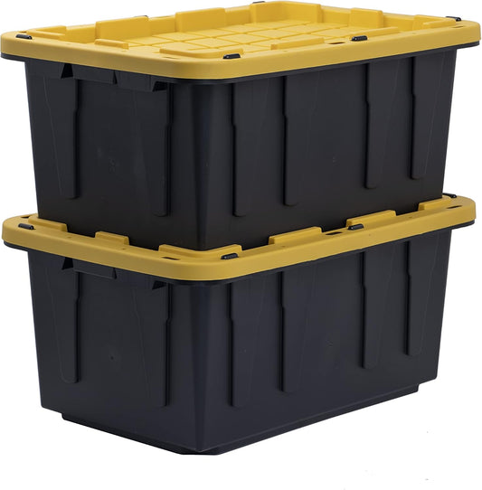 BLACK & YELLOW, 17-Gallon Heavy Duty Tough Storage Container & Snap-Tight Lid, (12.5"H x 18"W x 26.9"D), Weather-Resistant Design and Stackable Organization Tote [2 Pack]