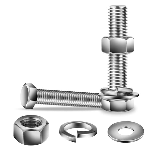 3/8-16 x 3" Hex Head Screw Bolt, Nuts, Flat & Lock Washers, 10Pcs 18-8 (304) Stainless Steel, Fully Threaded, by SG TZH