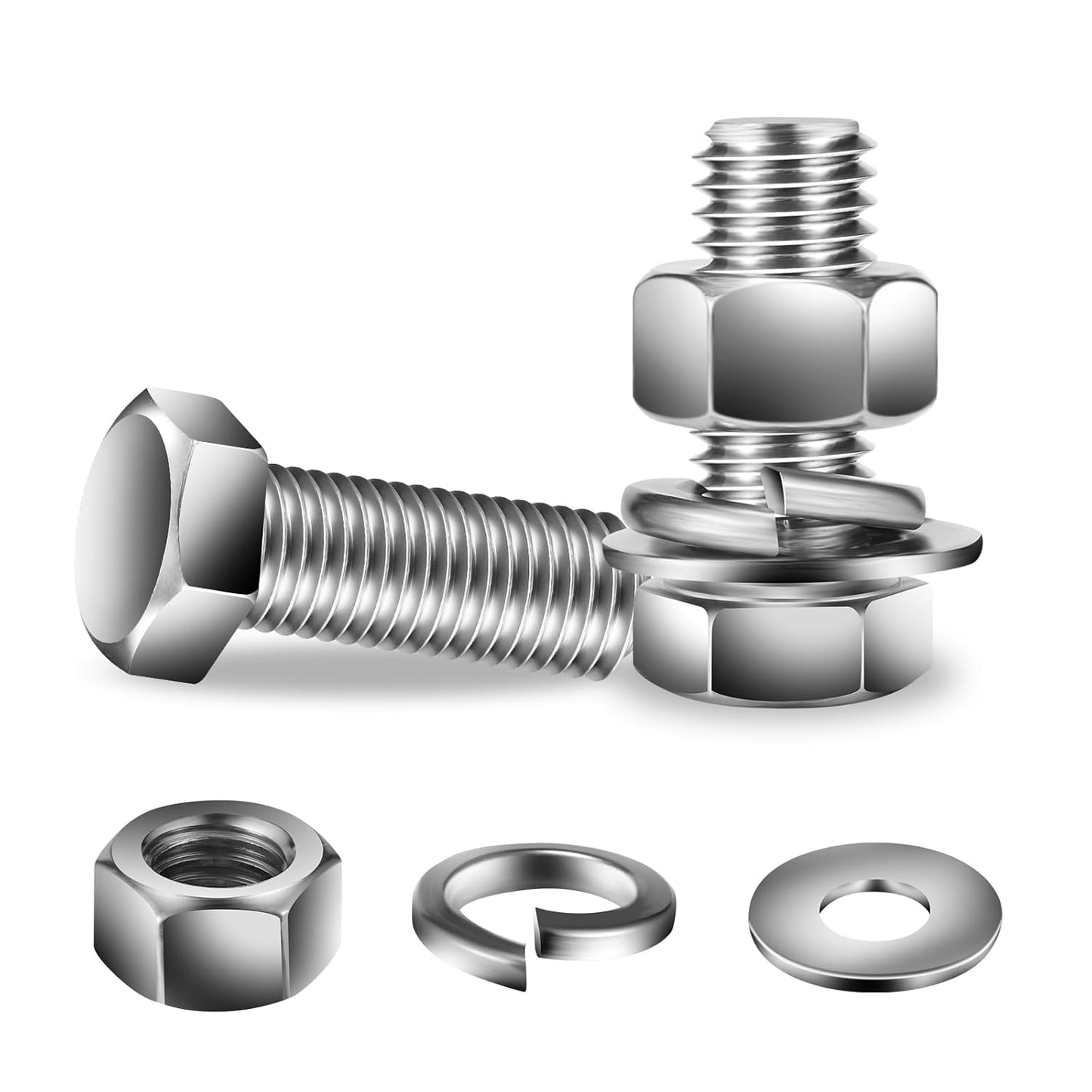 1/4-20 x 1-1/4" Hex Head Screw Bolt, Nuts, Flat & Lock Washers, 10Pcs 18-8 (304) Stainless Steel, Fully Threaded, by SG TZH