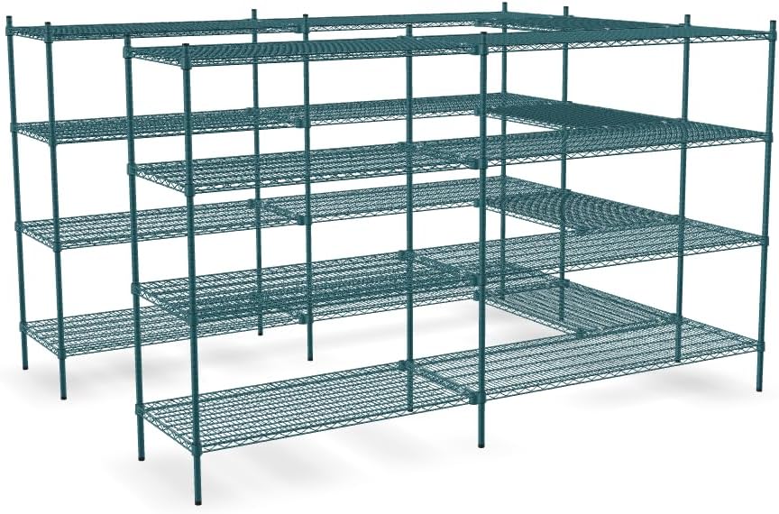 NSF 7' x 9' Walk-in 4-Tier Shelving Unit Kit with S-Hooks, Commercial Storage Rack Unit, Organizer Shelves System Kit, Heavy Duty Racking for Storage, Shelving Kits (Green Epoxy)