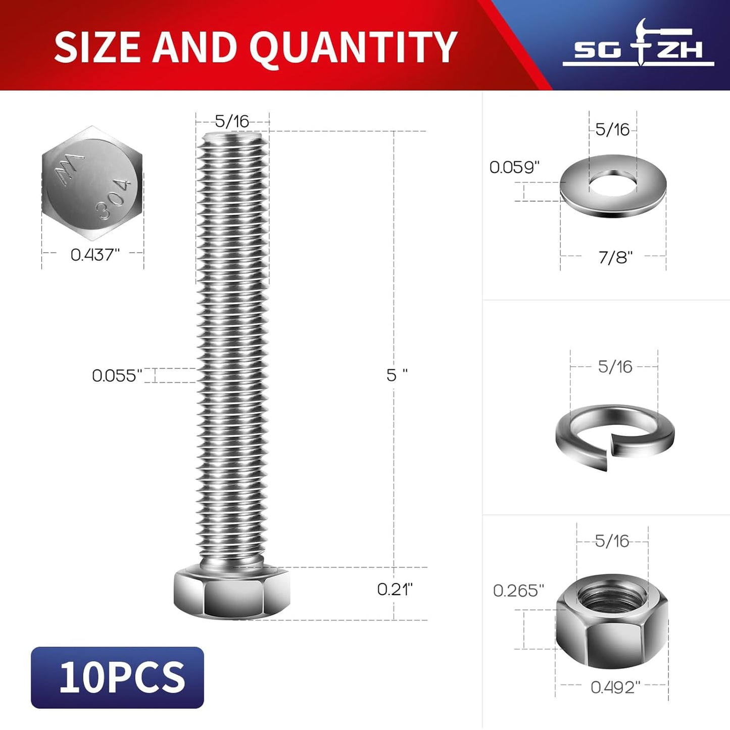 5/16-18 x 5" Hex Head Screw Bolt, Nuts, Flat & Lock Washers, 10Pcs 18-8 (304) Stainless Steel, Fully Threaded, by SG TZH