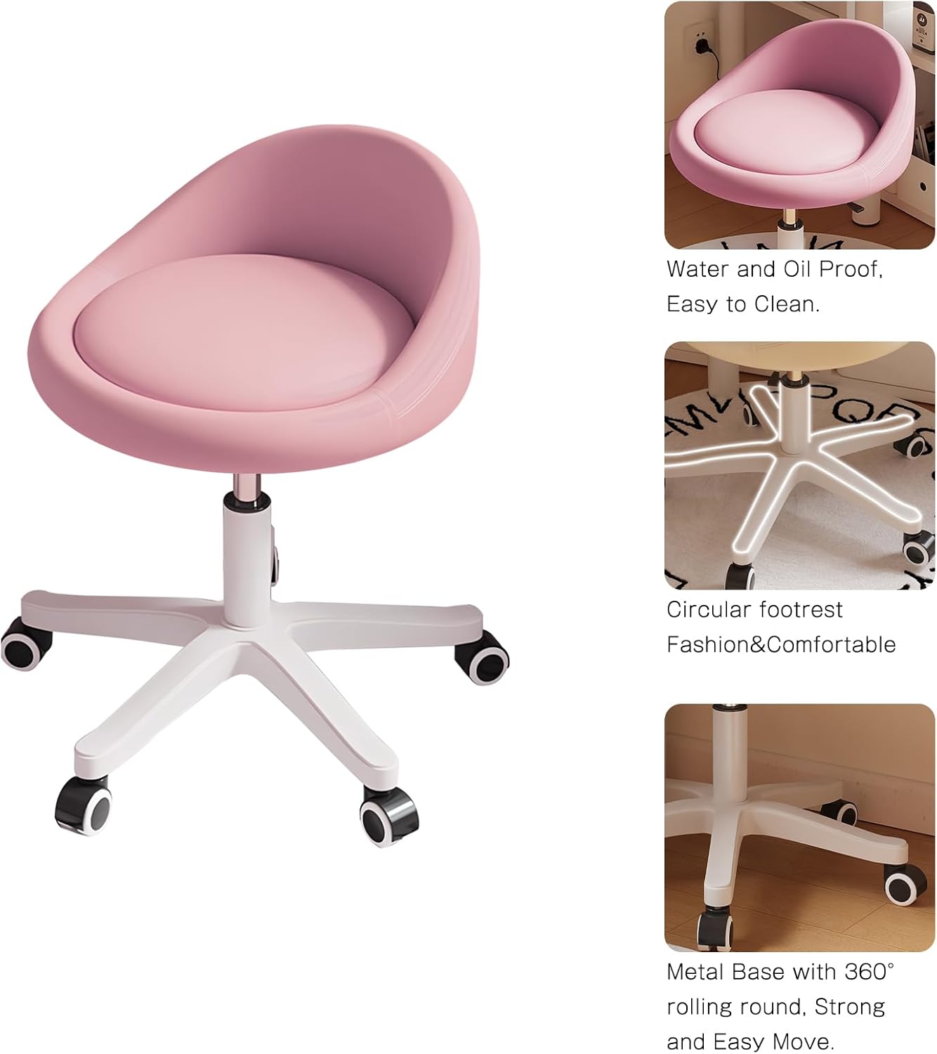 Rolling Stool Rolling Hydraulic Salon Stool with Low Backrest - Adjustable Swivel Chair for SPA, Shop, Salon, Massage, or Medical Office Pink