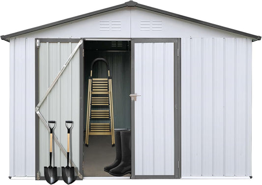 12 x 10 FT Metal Garden Shed, Outdoor Storage Shed with Heavy-Duty Steel Construction, Built-in Punched Vents & Hinged Door, Free Padlock for Secure Backyard, Patio & Garage Storage, White + Grey