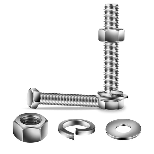 1/2-13 x 5" Hex Head Screw Bolt, Nuts, Flat & Lock Washers, 10Pcs 18-8 (304) Stainless Steel, Fully Threaded, by SG TZH