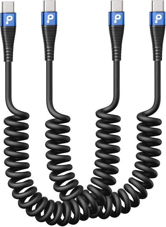 USB C Cable 100W 3FT Coiled USB C to USB C Charger Cable for Car, 2Pack Short Type C Cable Fast Charging Cable for iPhone 16/15/Pro/Plus/Pro Max/Samsung Galaxy S23, Compatible All Type C Devices,Blue