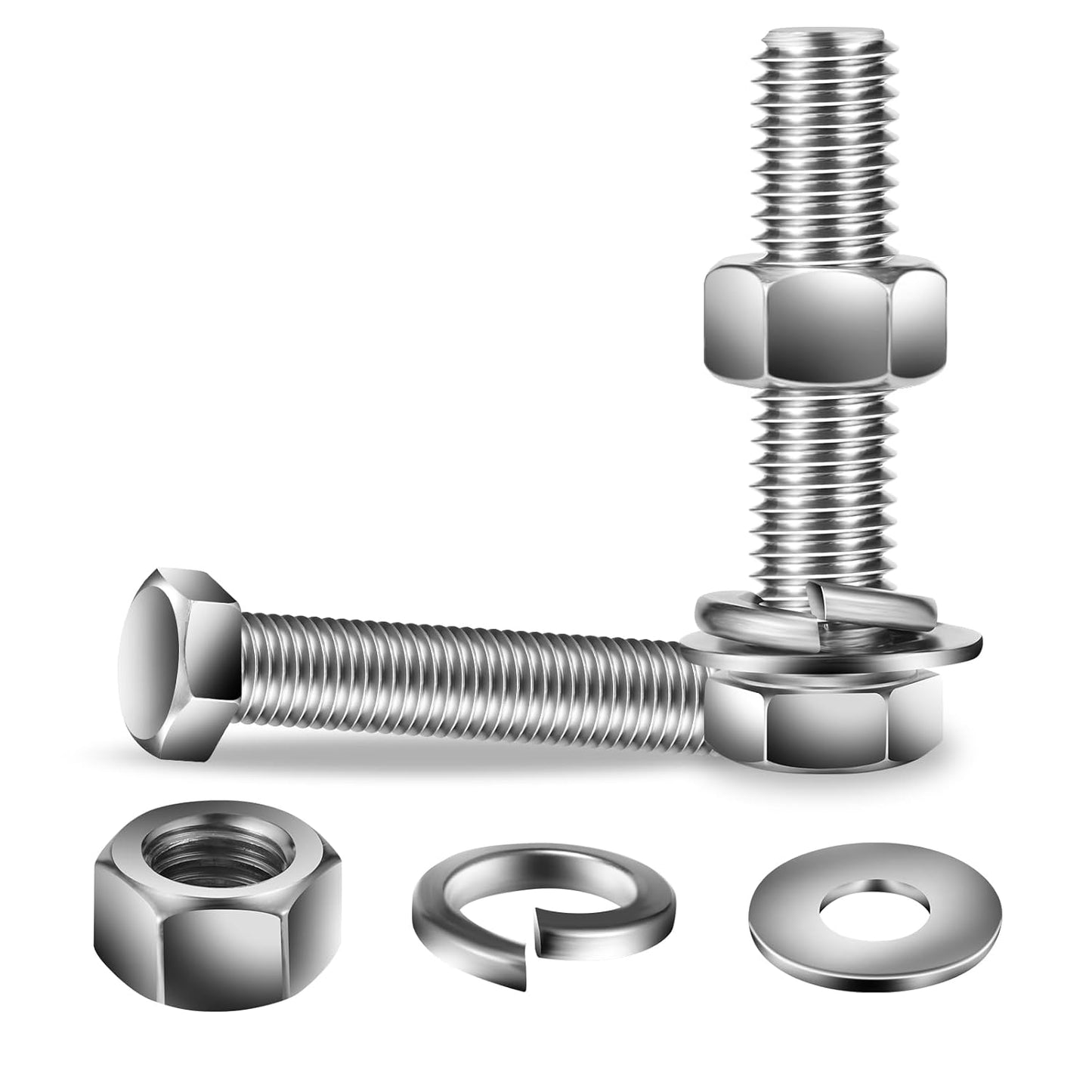 3/8-16 x 2-3/8" Hex Head Screw Bolt, Nuts, Flat & Lock Washers, 20Pcs 18-8 (304) Stainless Steel, Fully Threaded, by SG TZH