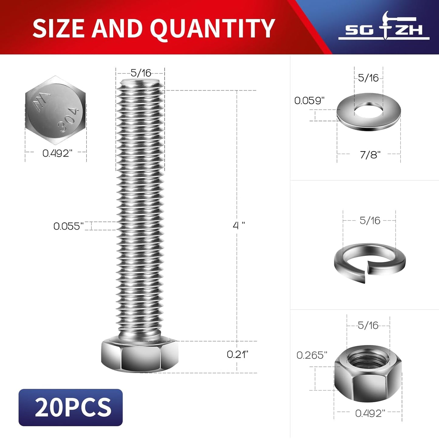 5/16-18 x 4" Hex Head Screw Bolt, Nuts, Flat & Lock Washers, 20Pcs 18-8 (304) Stainless Steel, Fully Threaded, by SG TZH