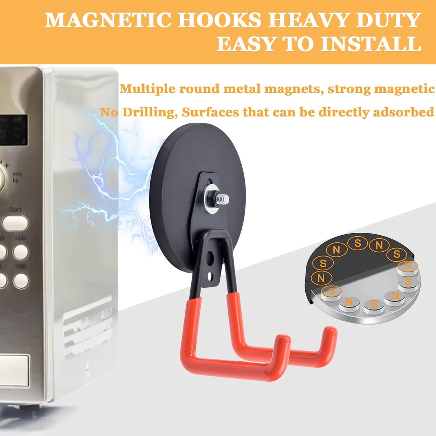 Strong Garage Magnetic Hooks, 45 lbs Pulling 3.46" Large Magnet Hooks for Hanging Heavy Duty, 2 Pack Extra Strong Magnetic Hooks with Anti-Slip Coating, for Cordless Drills, Pegboard, Cruise Cabin