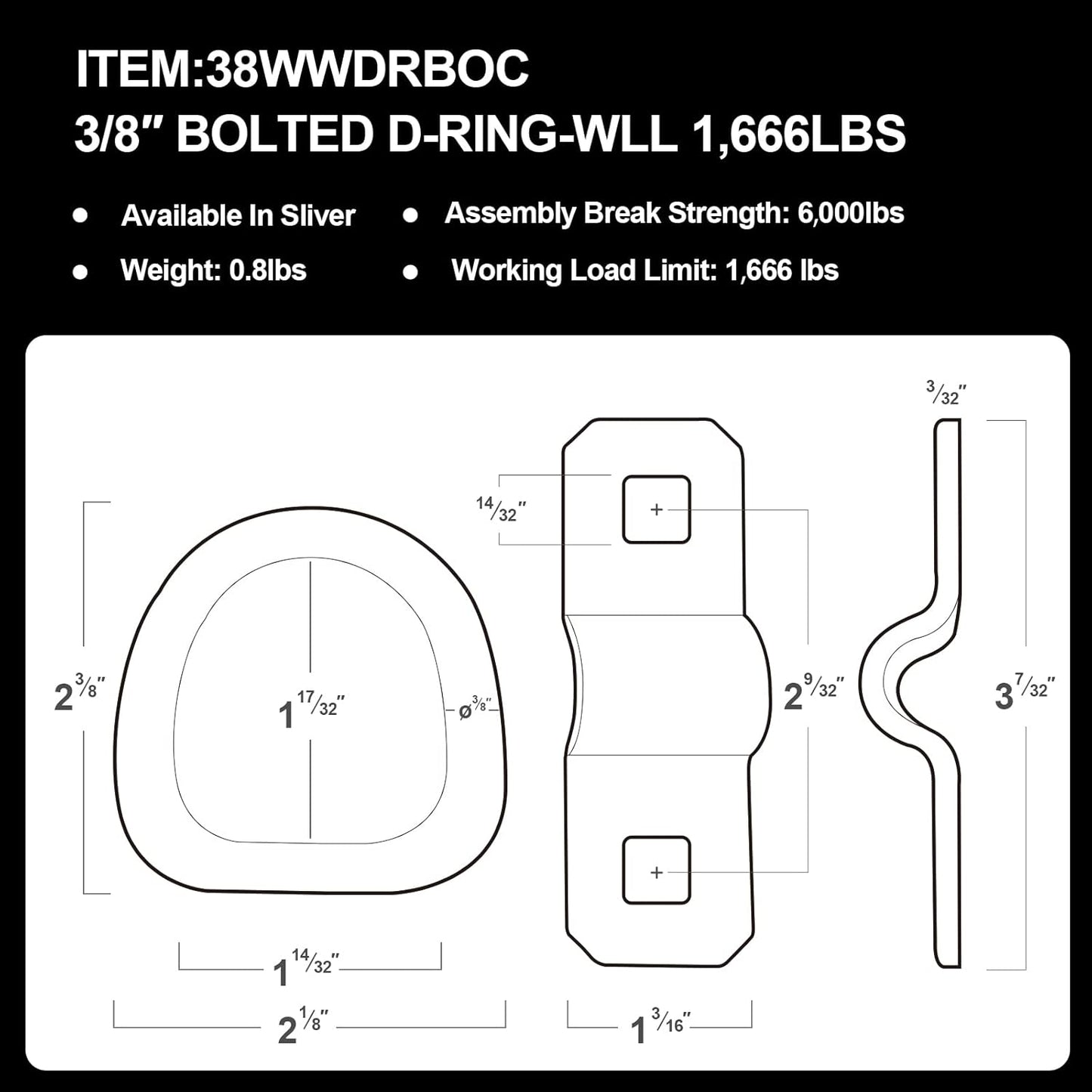 D-Rings, Truck Tie Downs Anchor 3/8" Heavy Duty 6000 Pound Steel Tie-Down Ring for Loads on Trucks, Trailers, Boats, RV Campers, Vans;for Kayaks, Motorcycles, Deliveries, ATVs （Pack of 6）
