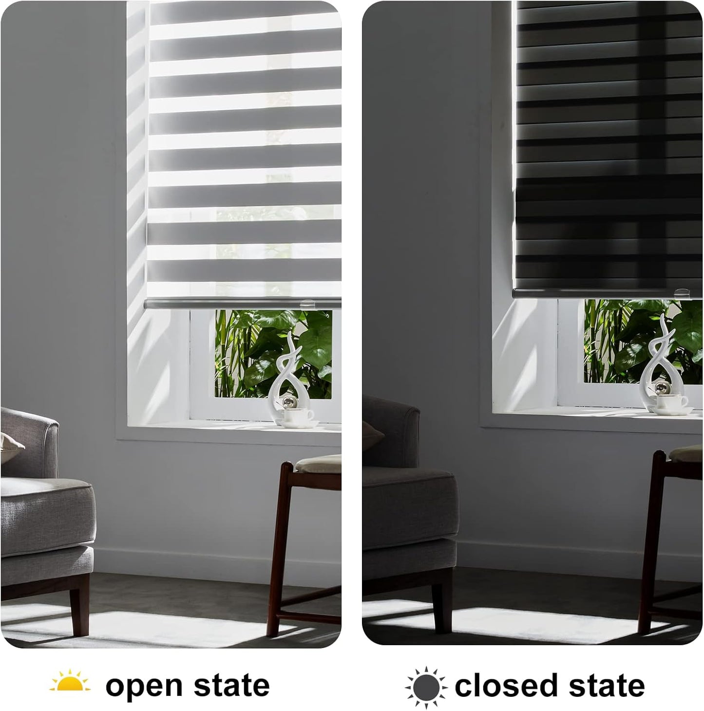 Persilux Cordless Zebra Blinds for Windows Free-Stop Window Shades (34" W X 47" H, Grey) Dual Layer Light Control for Day and Night, Light Filtering Sheer Shades for Home, Easy to Install