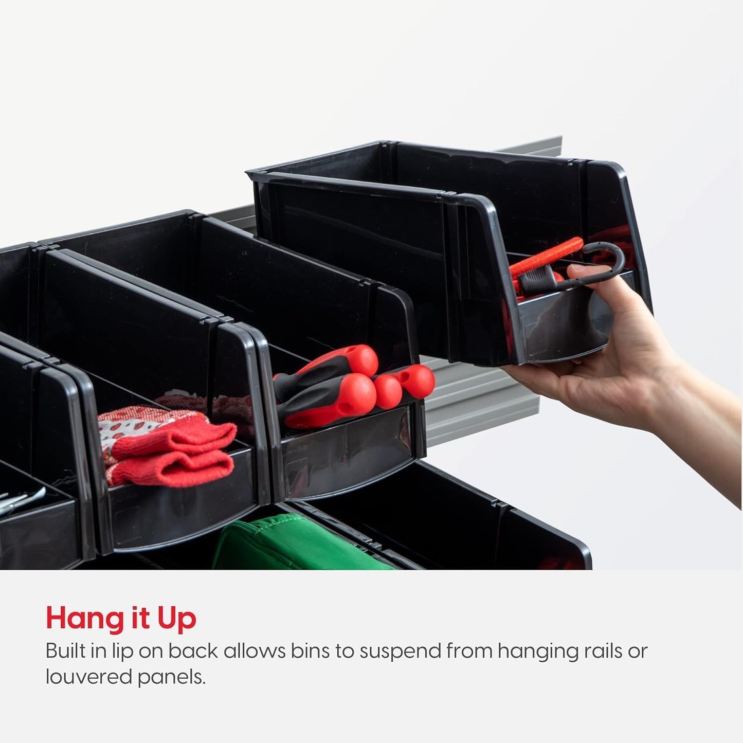 IRIS USA Plastic Shelf Bins Stackable Open Front Storage Bins Plastic Hanging Organizer Bin Caddy Basket for Hardware Crafts, Small Parts, Nuts and Bolts, Tool Storage - Medium Black 8 Pack