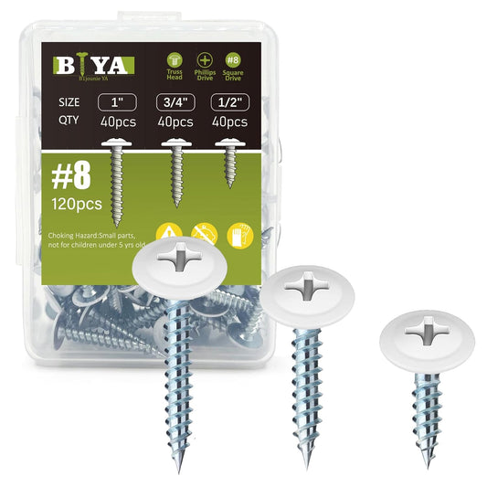 White Screws,#8 White Wood Screws 120pcs Thread Truss Head Fast Self Tapping White Pan Cabinet Screws Wood Work for Wall Plates, 1/2 Inch, 3/4 Inch, 1 Inch
