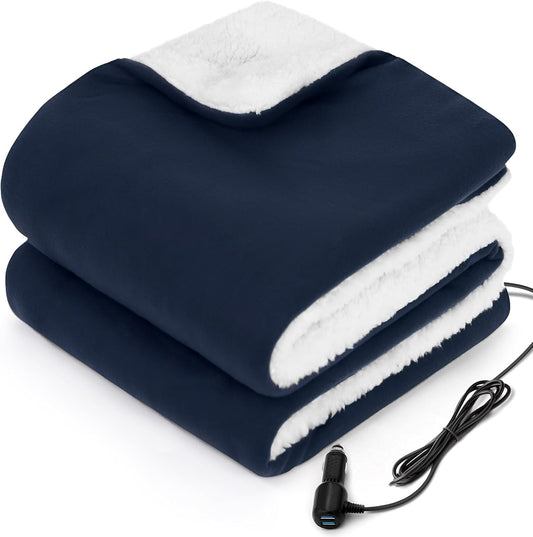 Sealy 12-Volt Heated Car Blanket with 2 USB Output Ports, 3 Heating Levels & 4 Hours Auto Off, Electric Blanket for Car, Truck, SUV, RV or Camping, Machine Washable, 59" X 43", Navy