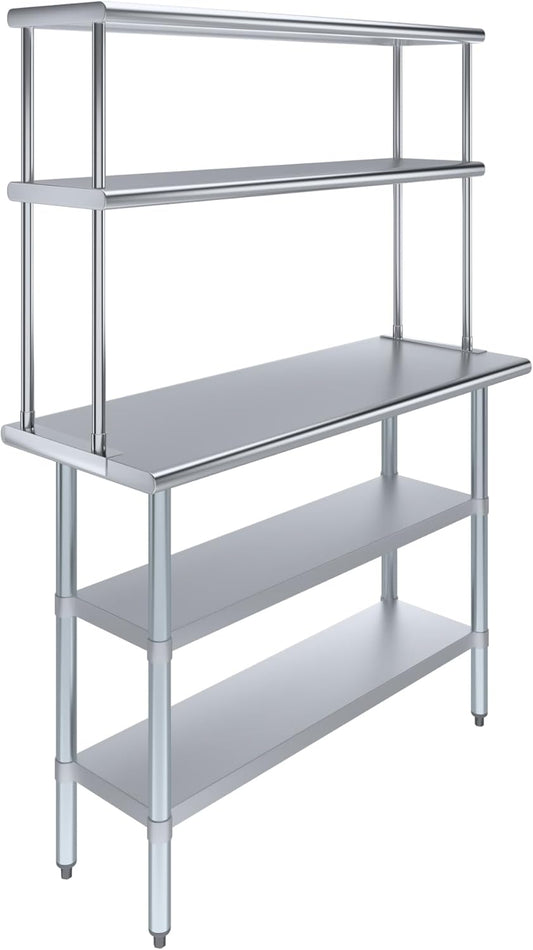 Amgood Stainless Steel Work Table with 2 Shelves | Metal Kitchen Prep Table & Shelving Combo (18" x 48" Table with 2 Shelves + 12" Overshelf)