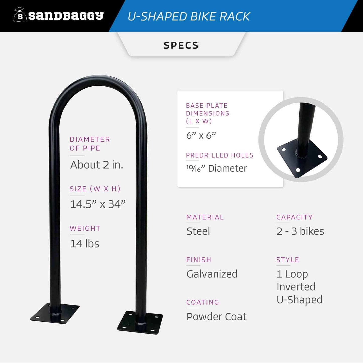 Sandbaggy U Shaped Bike Rack - Outdoor, Commercial - Galvanized Steel - Surface/Ground Mounted (5, Orange)