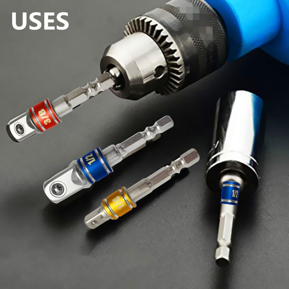 Impact Grade Socket Adapter/Extension Set Turns Power Drill Into High Speed Nut Driver,1/4-Inch Hex Shank to Drive for Adapters to Use with Drill Chucks, Sizes 1/4" 3/8" 1/2", Cr-V, 3-Piece
