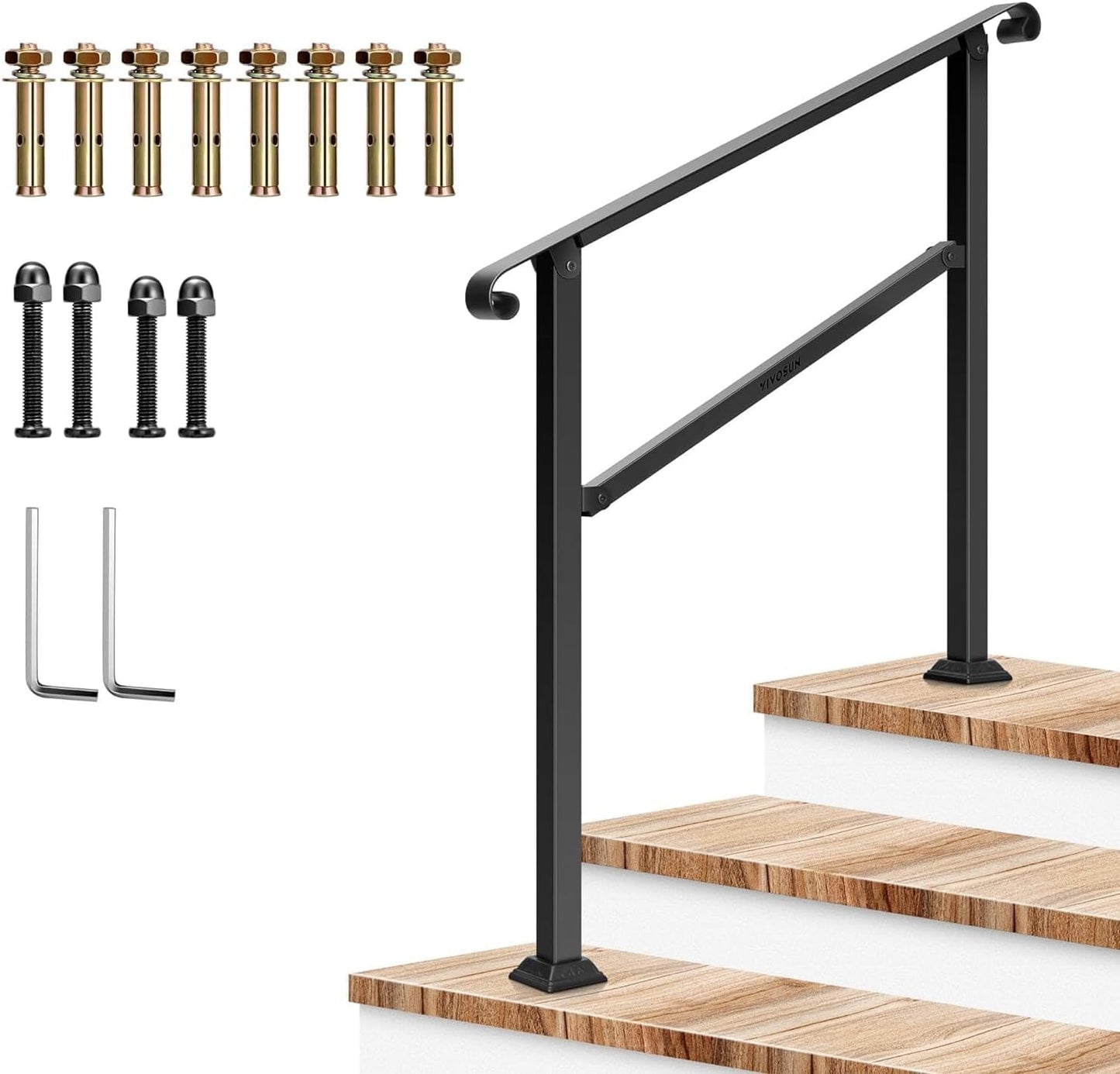 VIVOSUN Outdoor Handrail, 3 Step Stair Handrail, 40" x 36" Fits 1 to 3 Steps, Wrought Mattle Iron Stair Railing with Curved Ends for Concrete Steps, Porch Steps, One-Step Assembly, Black