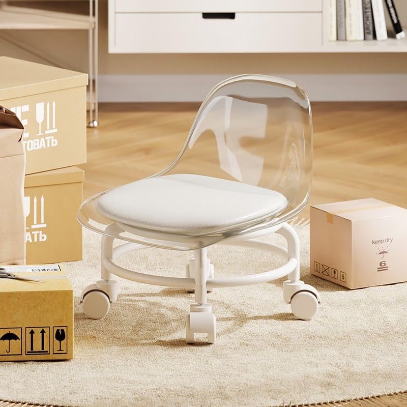 Low Rolling Stool with Wheels,Mini Rolling Garage Stool with Back Support,360° Rotating Floor-Friendly Wheels for Home, Office,Garage & Salon (Transparent White)