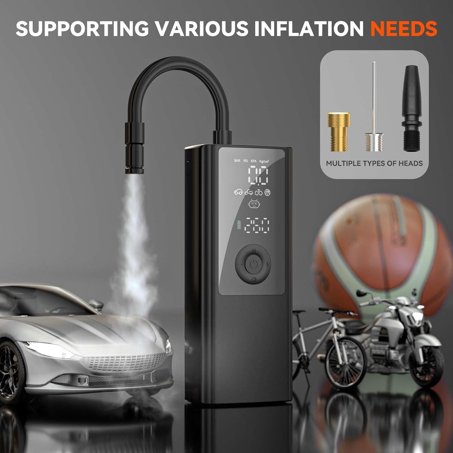 Electric Air Pump - for Bikes, Balls, Motorcycles, Cars & More - with Digital Pressure Gauge, LED Light, Auto Shut-Off - Hi-Reliable Compact Cordless Inflator