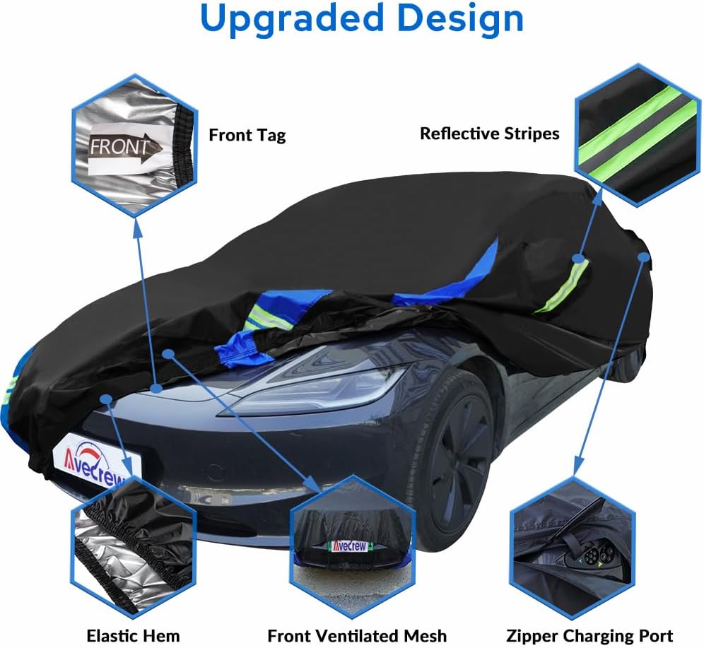Avecrew Car Cover for Tesla Model 3 2017-2025, Custom Fit Full Exterior Cover with Charging Port and Breathable Ventilation Mesh, Waterproof All Weather Outdoor Rain Snow Sun Protection Cover