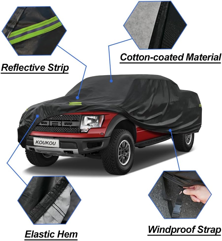 KouKou Truck Cover Waterproof All Weather, 7 Layers Heavy Duty Pickup Truck Cover Outdoor Length from 210 to 232 inches,Universal Fit Ford F150, Nissan Frontier, Toyota Tacoma, GMC Canyon etc.
