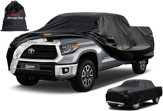 Kayme Truck Cover Custom Fit Toyota Tundra(2006-2025) Double Cab Long Bed. Full Exterior Heavy Duty Outdoor Pickup Truck Car Cover Waterproof All Weather.Car Tarp for Wind Sun Dust Protection.Black