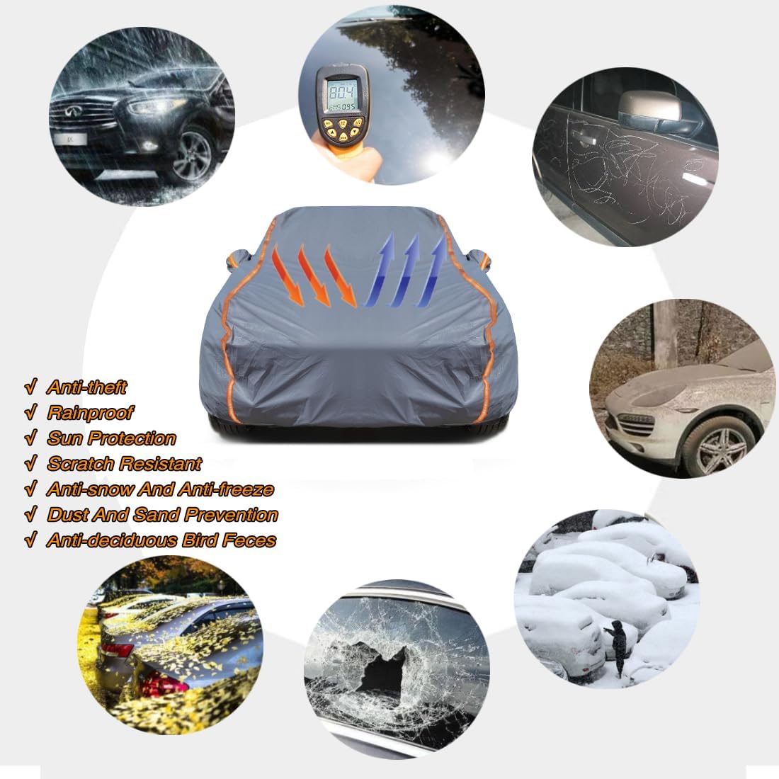 KEYOOG Universal Waterproof Heavy Weight Full Car Covers, Fit Sedan, All Weather, Outdoor Full Cover Weatherproof UV Sun Protection Snow Dust Storm Resistant with PEVA Cotton, for Cars Up to 208"