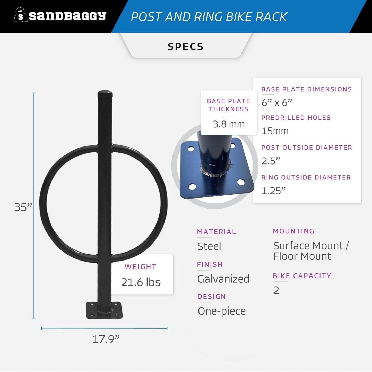 Sandbaggy Post and Ring Bike Rack - Commercial Bike Racks - Galvanized Steel - Anti-Theft Design - In Ground, Apartments, Sidewalks, Industrial (Red, 20)