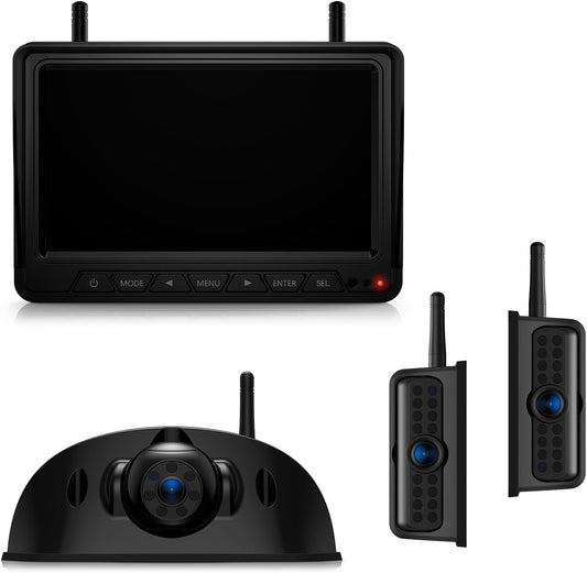 Fookoo HD Wireless RV Backup Cameras System, 7" Split-Screen Monitor, 1 Rear View + 2 Side Cameras, IR Night Vision Recording Waterproof Compatible with Furrion Pre-Wired RV Truck Trailer - DW7Y503