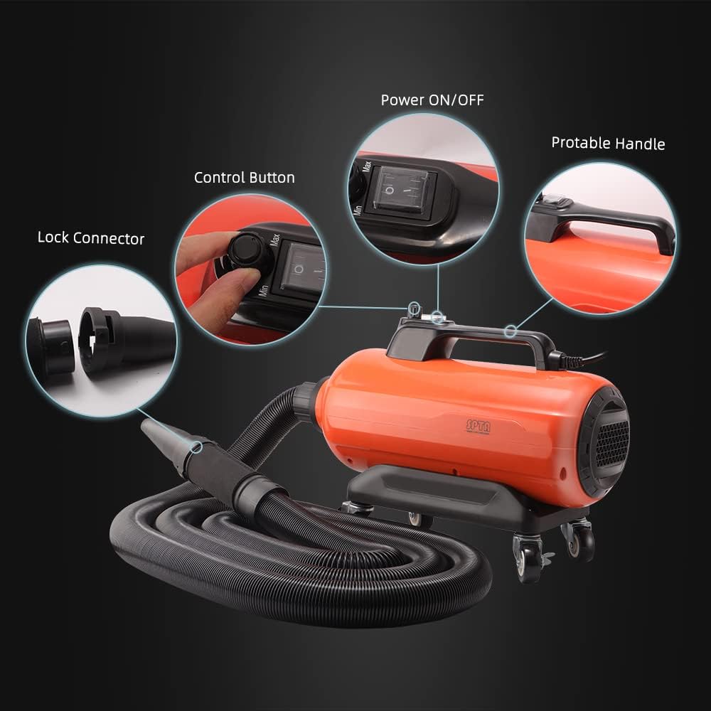 SPTA Air Cannon Car Dryer Blower, 3000W Auto Car Wash Dryer, Air Cannon Car Dryer with 4 Wheels&30-Foot Flexible Hose, Filtered Car Air Dryer, Drying for Car Wash Water Drying, Dusting -S Series Item