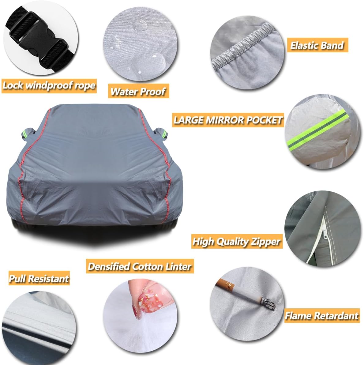 AUQDD 6-Layers PEVA New Material Sedan SUV Full Padded Car Cover Waterproof All Weather Weatherproof UV Sun Protection Snow Dust Storm Resistant Outdoor Exterior Custom Form-Fit Straps 214"-232" Gray