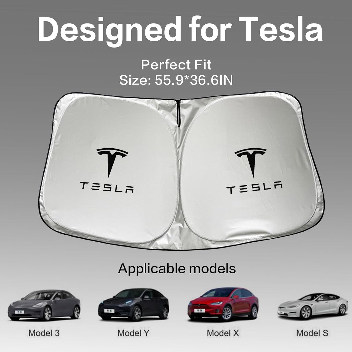300T Sunshade for Tesla Model Y Model 3, Car Accessories 2025 for Tesla, Front Window Sunshade with Organizer Bag, Gifts for Tesla Owners (Red)