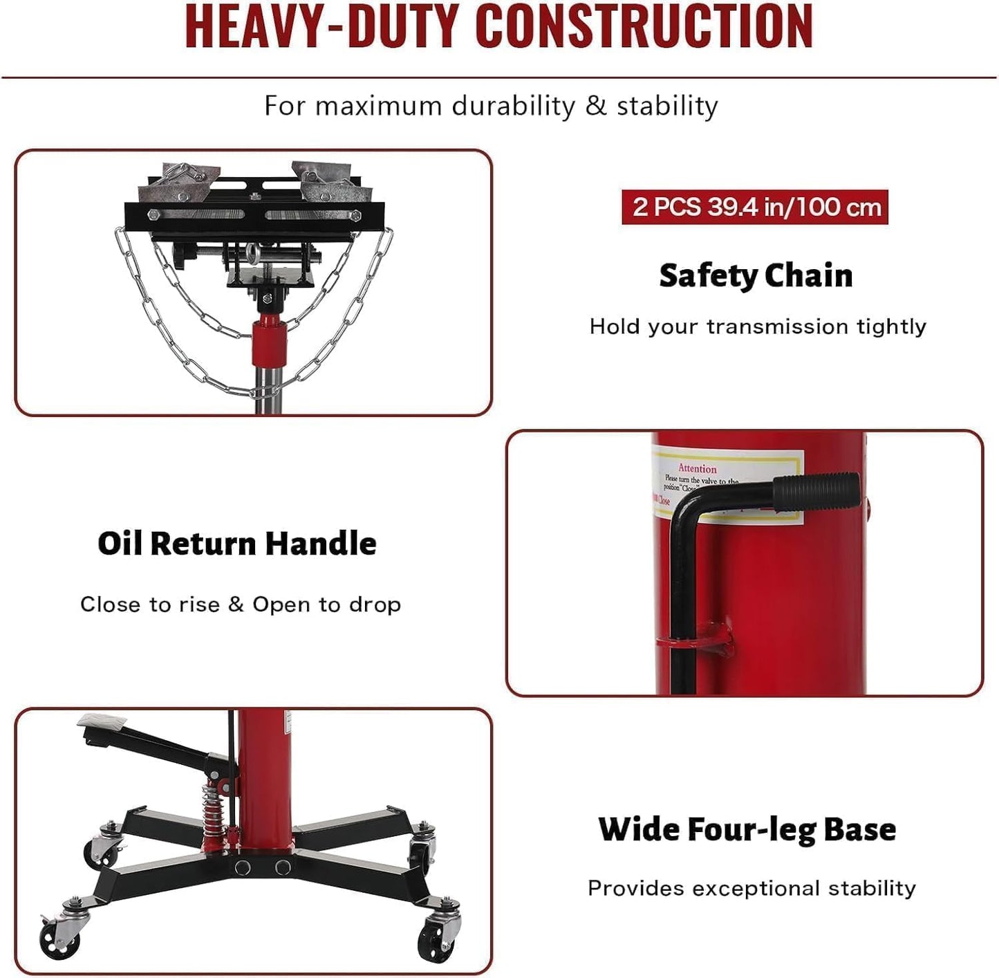 Transmission Jack with 1 Stage Hydraulic Ram, 1322 LBS Hydraulic Telescoping Transmission Jack with Foot Pedal & 360° Swivel Wheels, Heavy-Duty Garage/Workshop Jacks for Car/Truck Repairs, Red